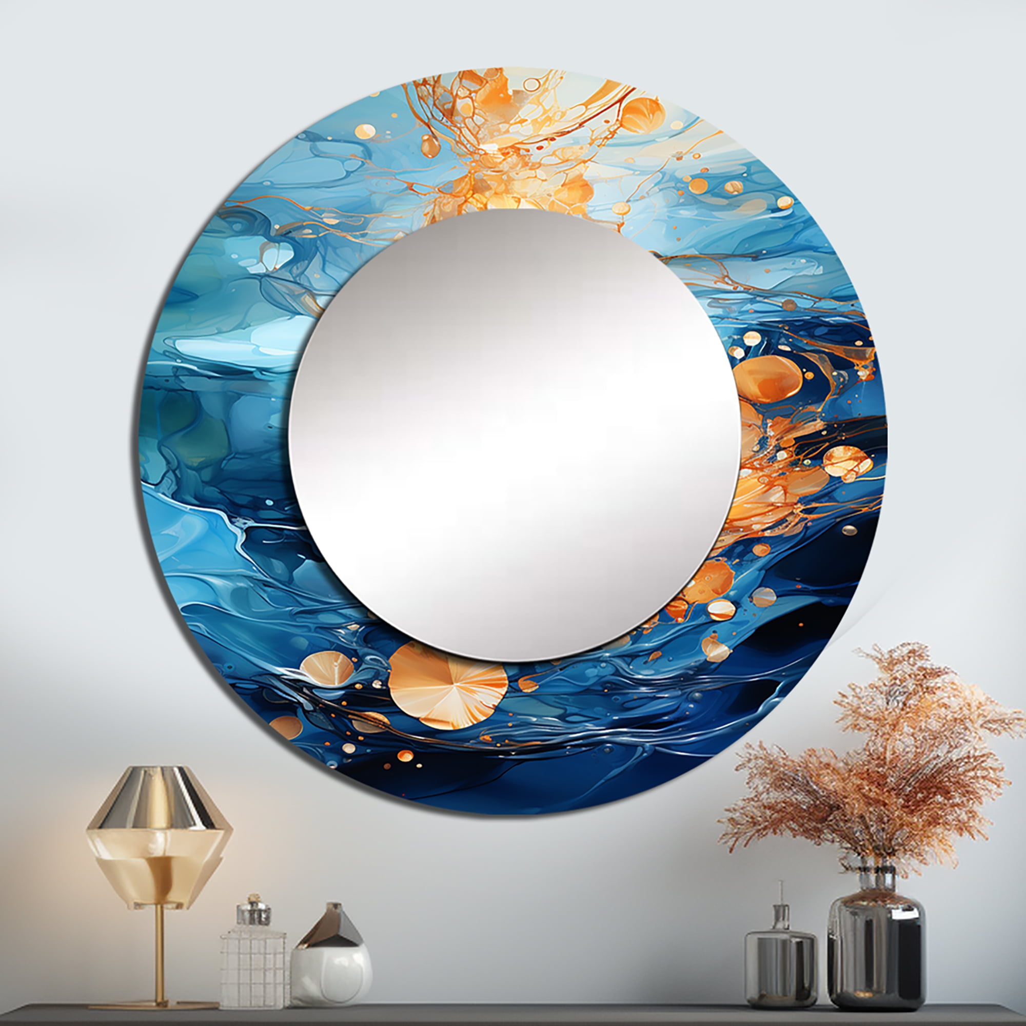 23" Round Blue and Gold Abstract Vanity Mirror