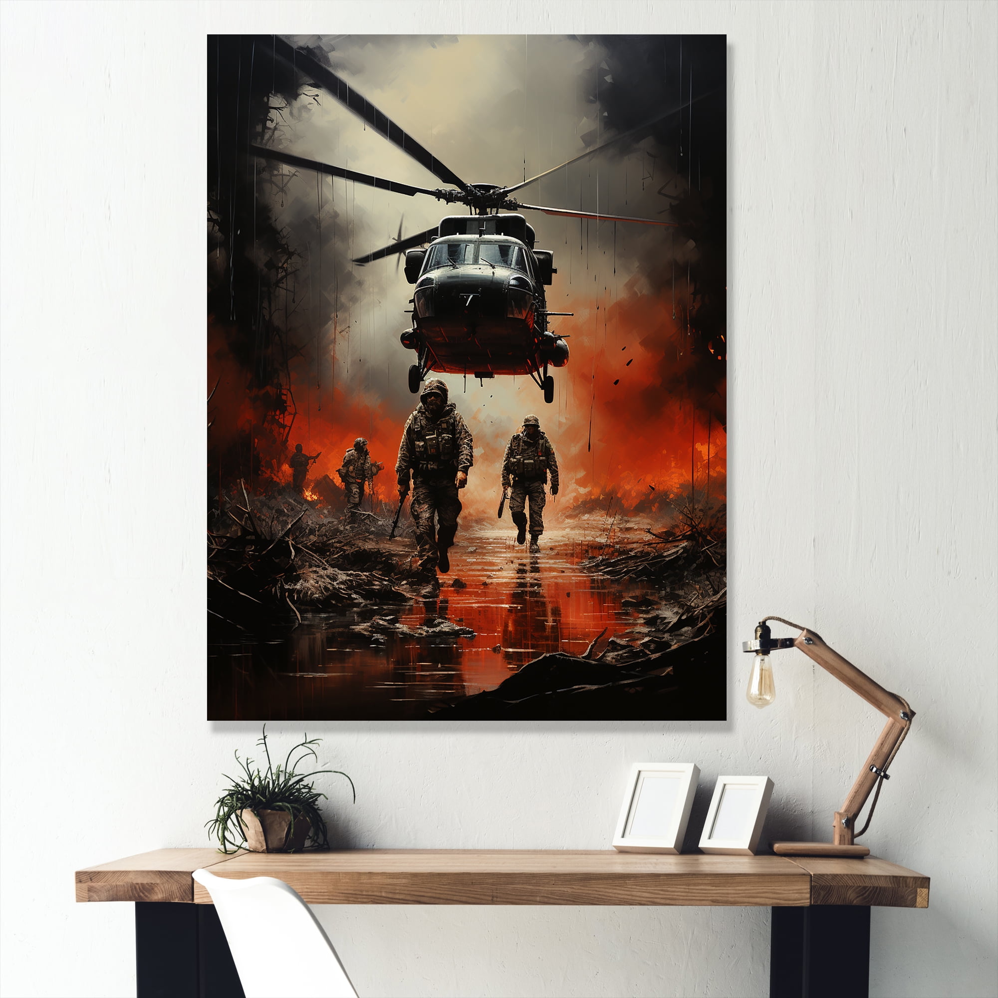 Abstract Military Battlefield Reflections Canvas Print in Fiery Red and Black