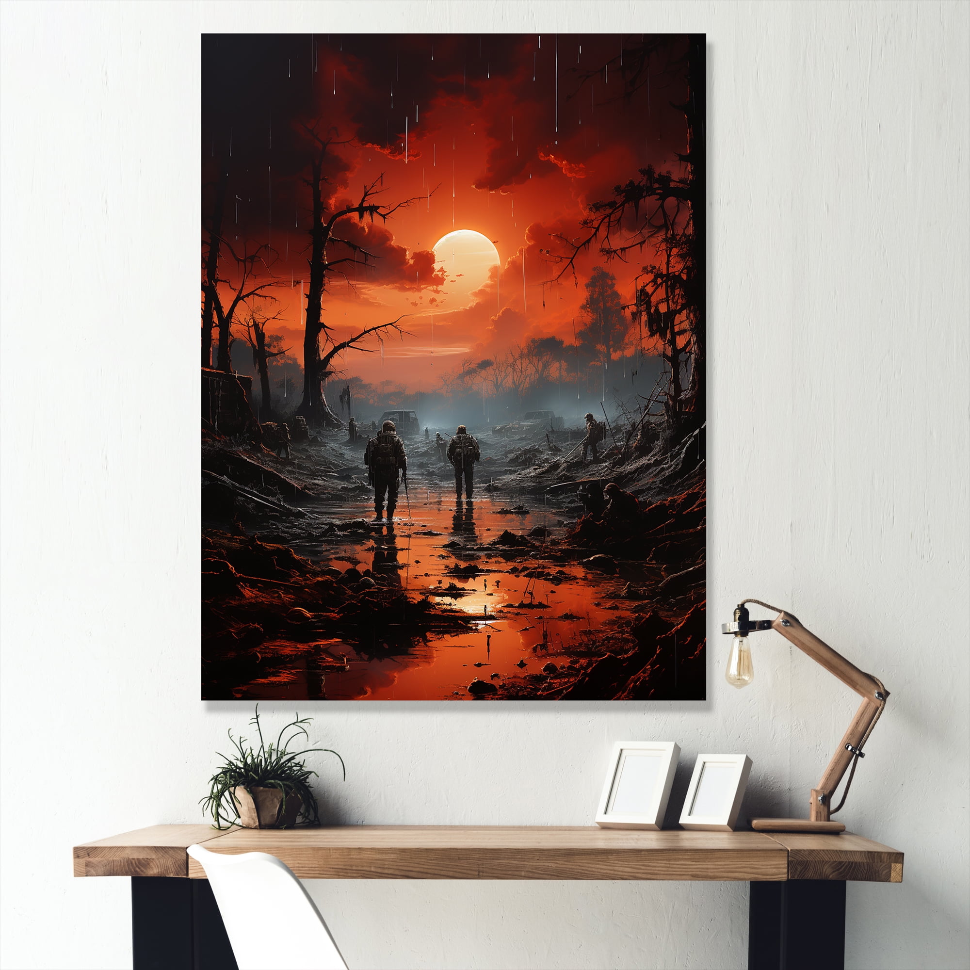 Reflective Military Battlefield Sunset Canvas Art