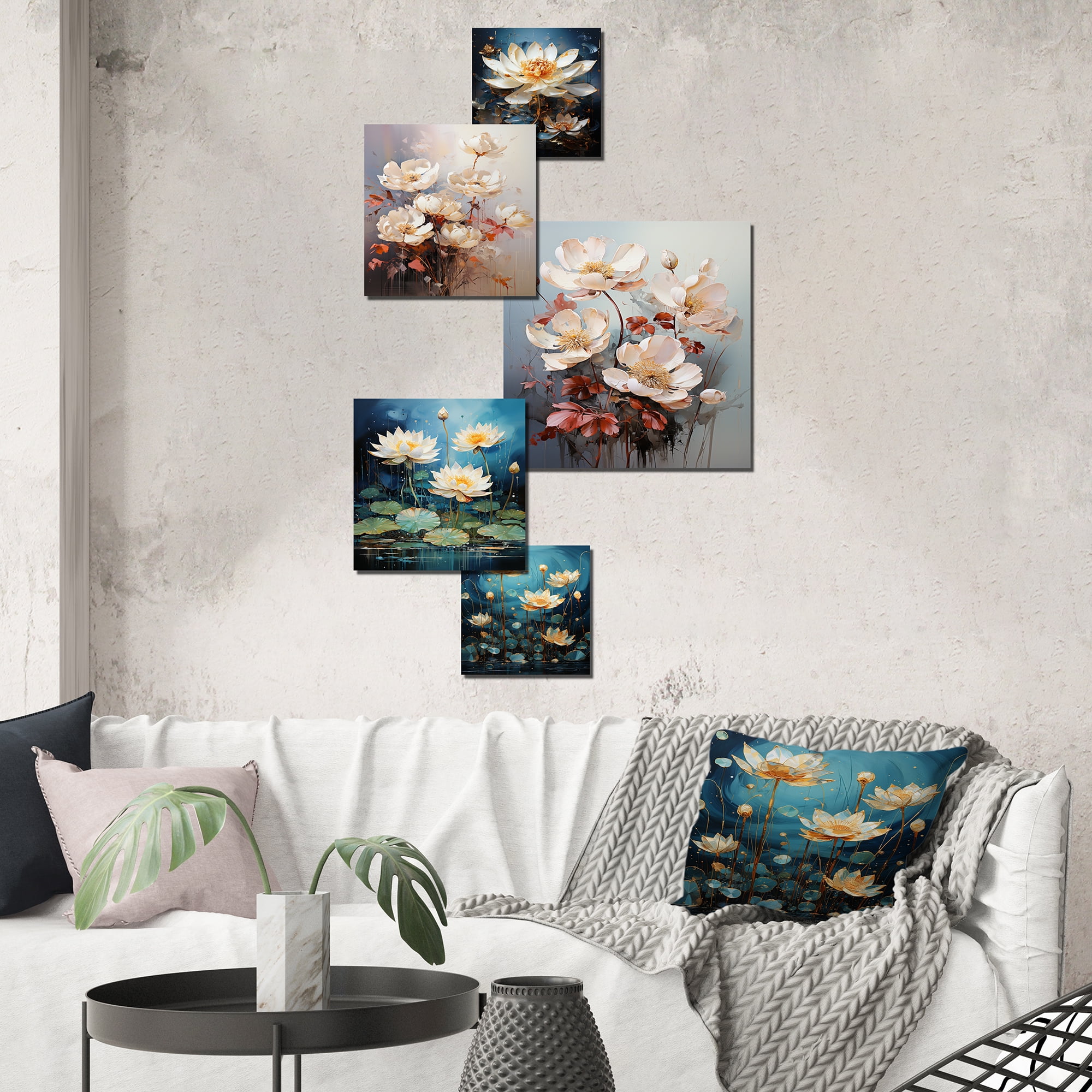 Designart "Reflecting Opulent Lotus" Lotus Wall Art Set Of 5 - Beige ...
