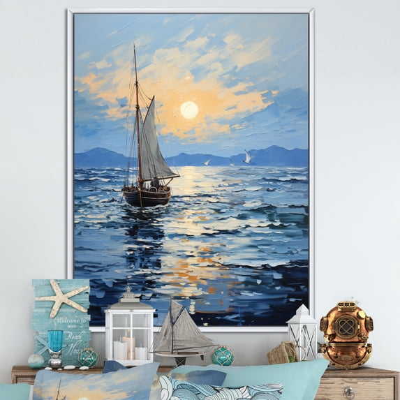 Designart "Reflecting on Sailing Boats V" Coastal Boat Floater Framed Canvas Art Print