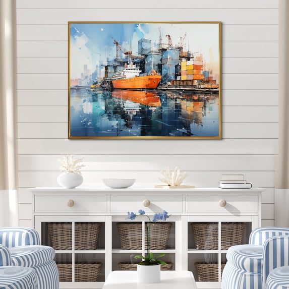 Designart "Reflecting on the Port s Industrial Beauty" Nautical & Beach Floater Framed Wall Art Print