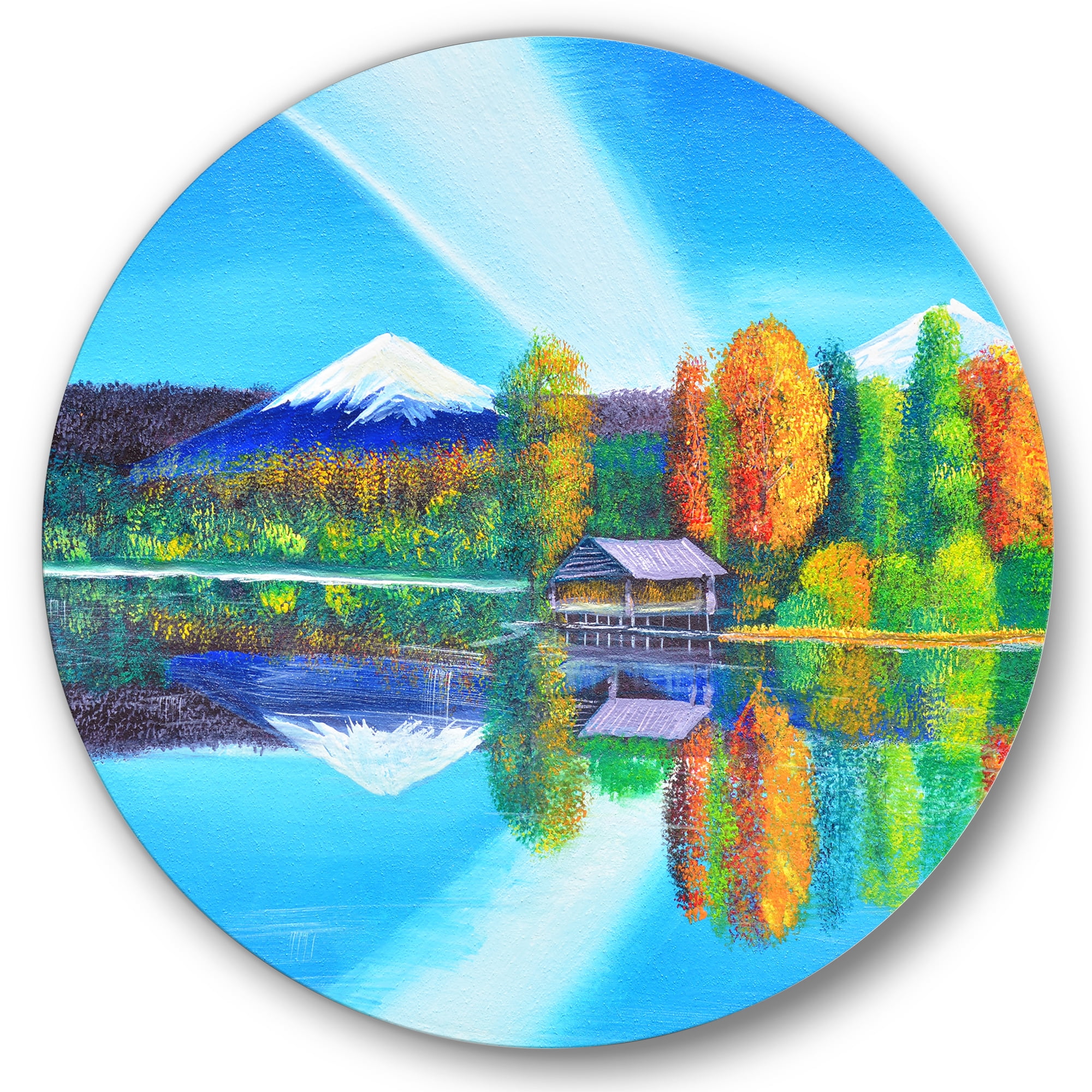 Designart 'Reflection Of Mountain and Sky On The Lake Water' Nautical & Coastal Circle Metal Wall Art 36x36 - Disc of 36