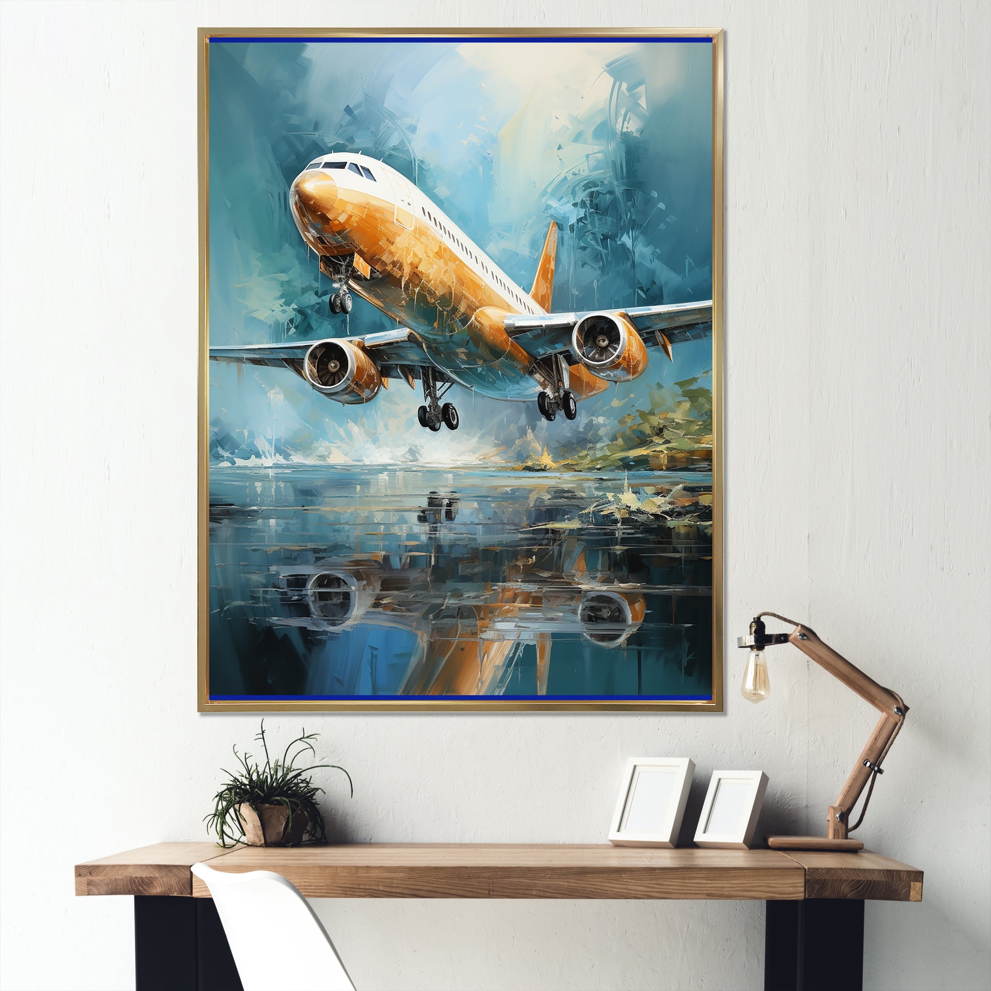 Designart "Reflection On Lake Plane Flight" Plane Floater Framed Wall