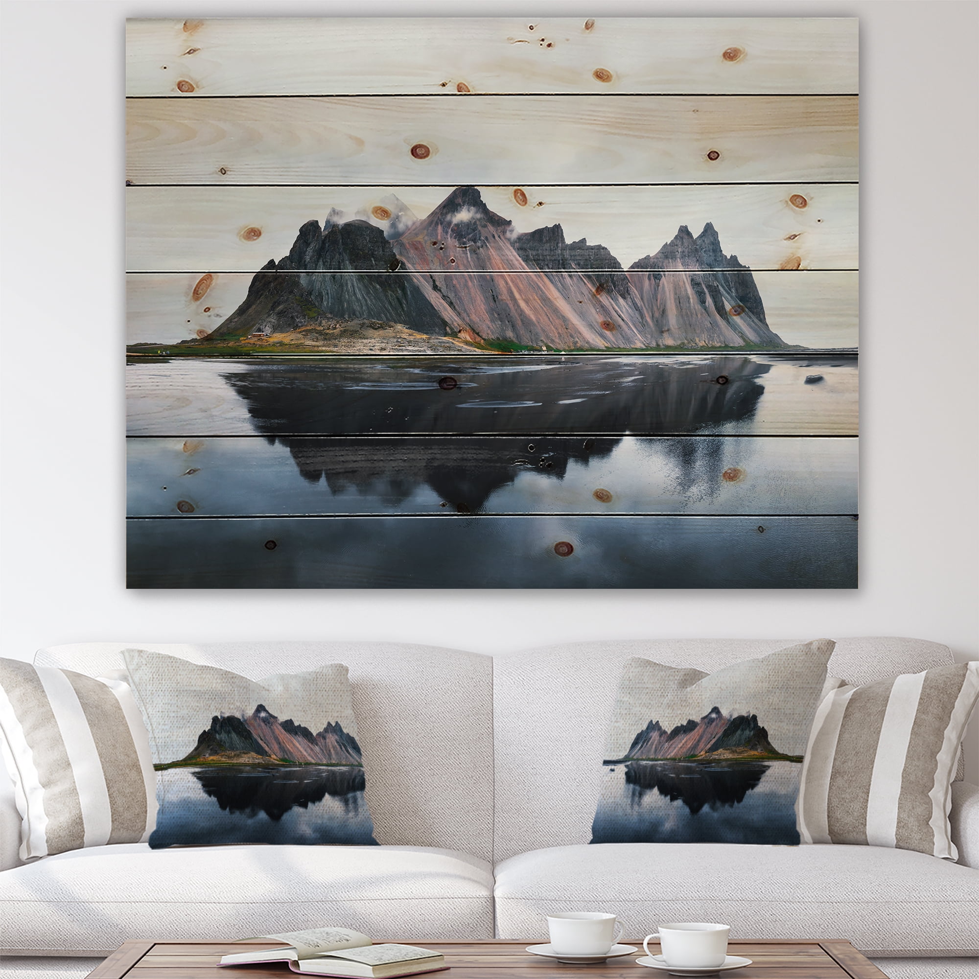 Designart 'Reflection of MountaIn Cliffs on Lake' Traditional Print on Natural Pine Wood