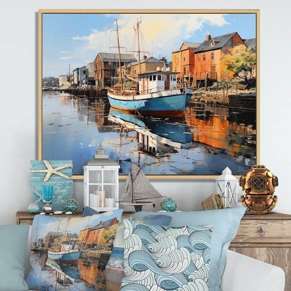 Designart "Reflections An Port Wharfside wall art II" Nautical & Beach Floater Framed Canvas Art Print