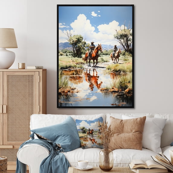 Designart "Reflections Cowboys Cowboy Ranch painting" Animals Floater Framed Wall Art Print