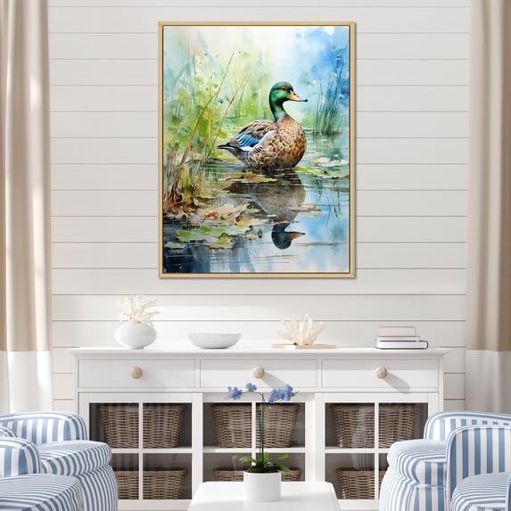 Designart "Reflections Duck Pond Serenity I" Animals Framed Wall Art - Traditional Blue Duck Hallway Framed Wall Art Decor