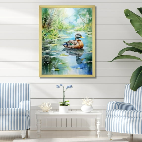 Designart "Reflections Duck Pond Serenity III" Animals Framed Wall Art - Traditional Green Duck Bedroom Framed Canvas Wall Art