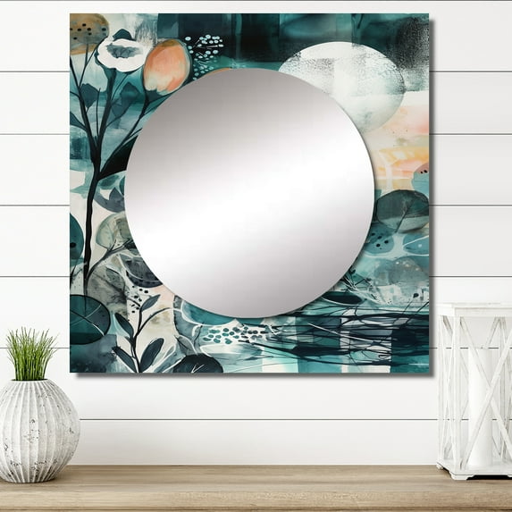 Designart "Reflections of a Free Mind Green And Orange III" Boho Feather Square Mirror For Wall Decor - Large Green Square Mirror Printed Wall Decor - Traditional Square Living Room Mirror