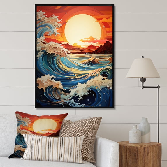 Designart "Reflections Papercut Coastal Sunrise painting I" Landscape & Nature Floater Framed Canvas Print