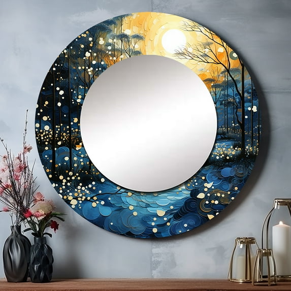 Designart "Reflections of Serenity Tranquil Blue River IV" Lakes & Rivers Rund Mirror For Wall Decor - Large Yellow Round Print Mirror - Round Country/Cottage Mirror 29" x 29" Inch