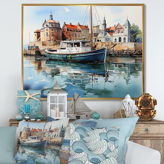 Designart "Reflections X Port Harbor painting" Nautical & Beach Floater Framed Wall Art Print