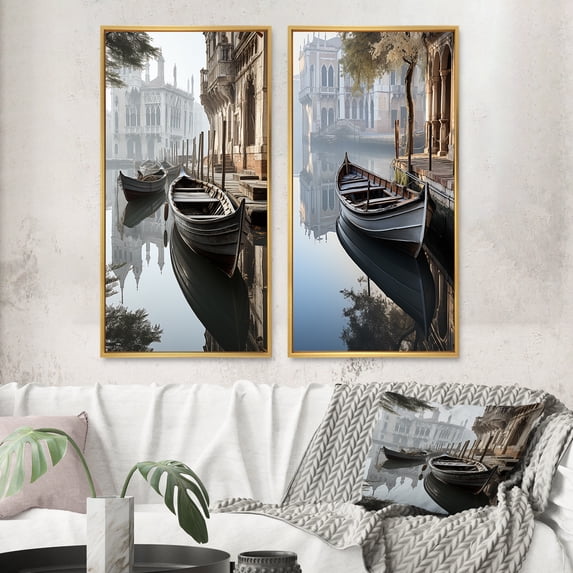 Designart "Reflections in Monochrome Grey Canal Mood I" Canals Framed Wall Art Set Of 2 - Grey Architecture Gallery Wall Frame Set For Home Decor