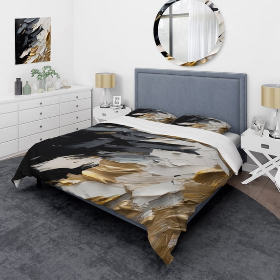 Designart "Reflections of Golden Waves V" Abstract Bedding Covert Set - Modern Black Bed Set With 2 Shams