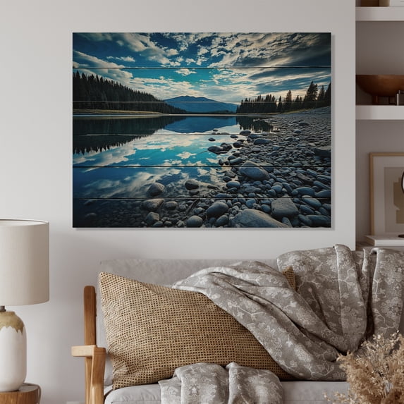 Designart "Reflections of Serenity Blue Lake Beauty I" Landscapes Print on Natural Pine Wood