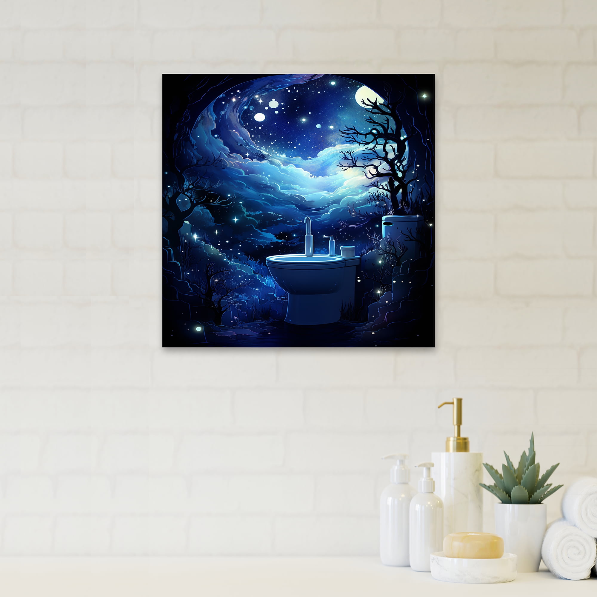 Designart "Reflections of Starry Night in the Bathroom I" Humor Canvas