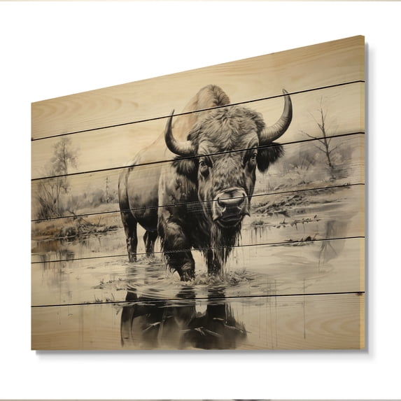 Designart "Reflective Bison I" Animals Print on Natural Pine Wood