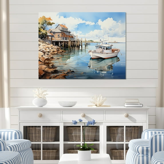 Designart "Reflective Moments at the Harbor Port II" Nautical & Beach Canvas Wall Art