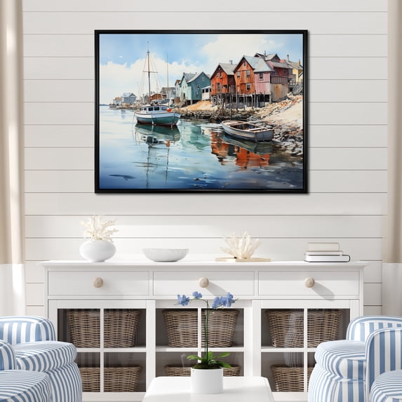 Designart "Reflective Moments at the Harbor Port III" Nautical & Beach Floater Framed Canvas Art Print