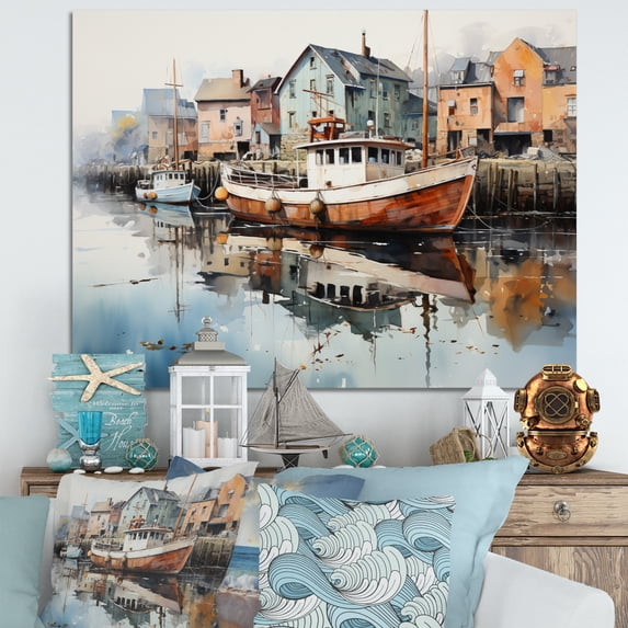 Designart "Reflective Moments at the Harbor Port V" Nautical & Beach Canvas Print
