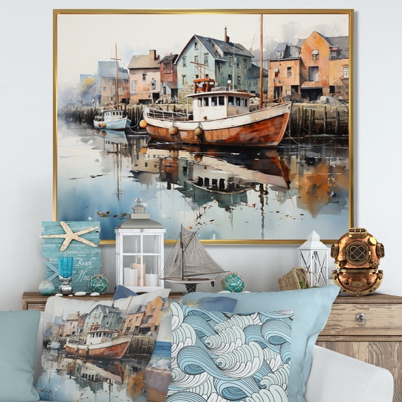 Designart "Reflective Moments at the Harbor Port V" Nautical & Beach Floater Framed Canvas Print