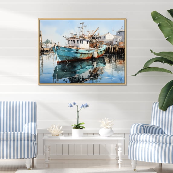 Designart "Reflective Moments at the Harbor Port XIV" Nautical & Beach Floater Framed Wall Decor