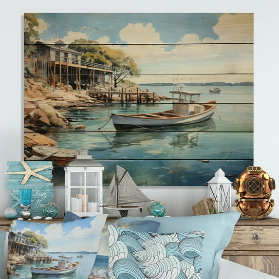 Designart "Reflective Moments at the Harbor Port XVI" Nautical & Beach Print on Natural Pine Wood