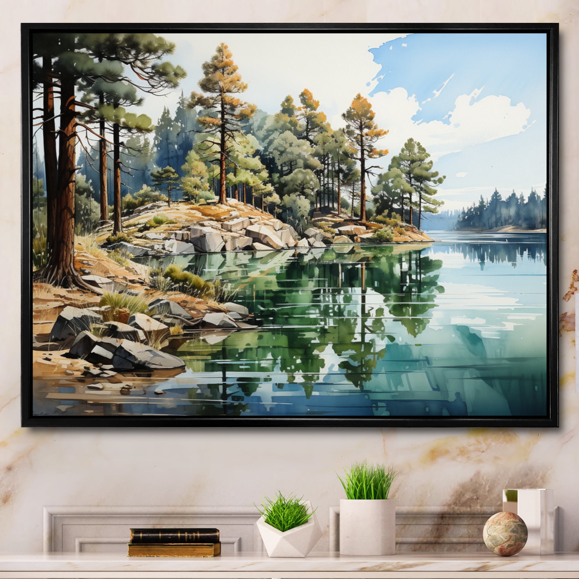Designart "Reflective Pine Trees I" Tree Pine Floater Framed Canvas Art ...