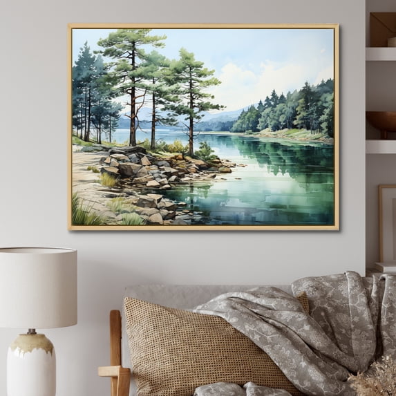 Designart "Reflective Pine Trees II" Tree Pine Floater Framed Wall Art Print