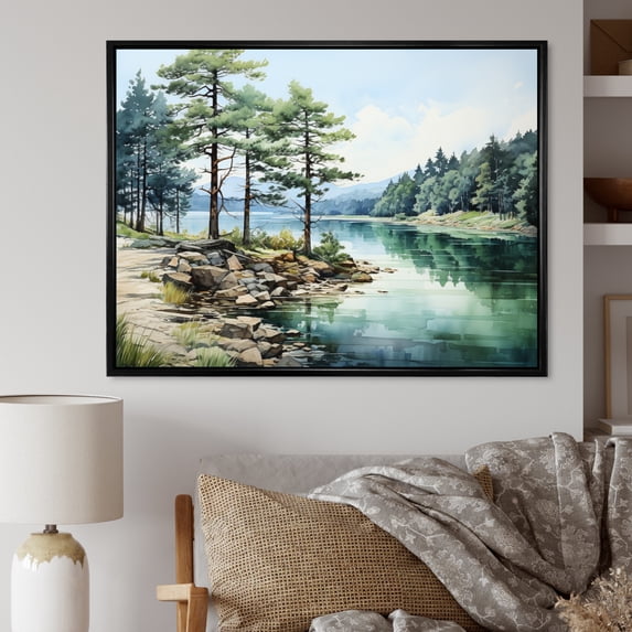 Designart "Reflective Pine Trees II" Tree Pine Floater Framed Wall Art Print