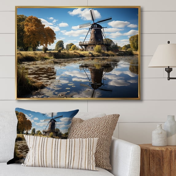Designart "Reflective Windmills in Holland II" Windmills Floater Framed Wall Art Living Room