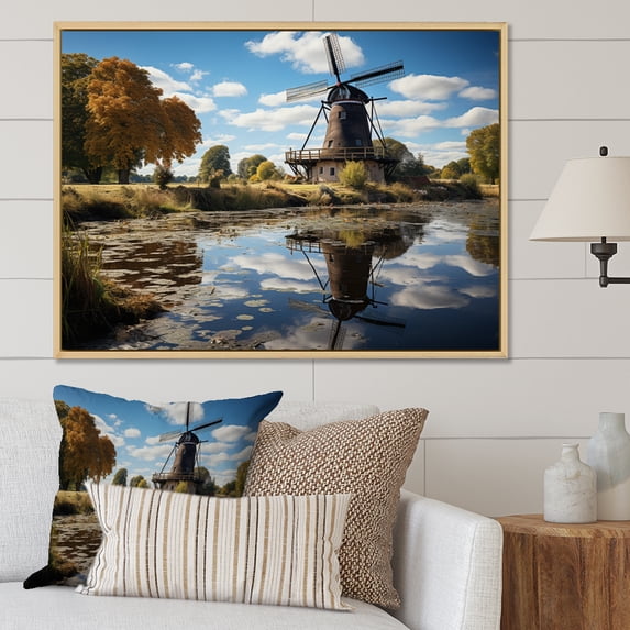 Designart "Reflective Windmills in Holland II" Windmills Floater Framed Wall Art Living Room