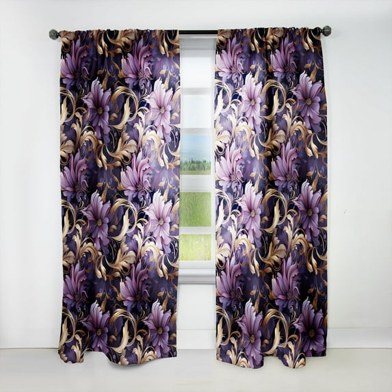Designart "Regal Damask In Gold And Purple II" Marble Room Darkening Curtain Single Panel