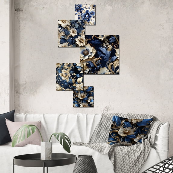 Designart "Regal Flourish In Baroque Style" Damask Wall Art Set Of 5 - Blue Bohemian Hallway Metal Art Print Set
