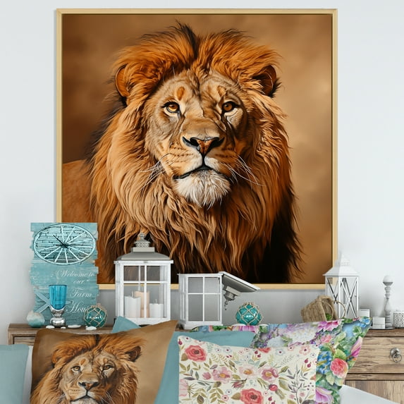 Designart "Regal Golden Lion Portrait II" Animals Framed Wall Art - Traditional Gold Lion Entryway Framed Wall Art