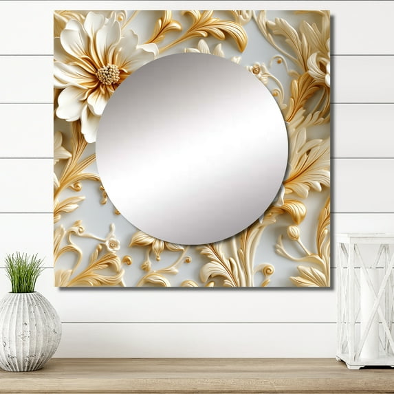 Designart "Regal Serenity In Gold And White I" 0 Square Mirror Wall Decor Bohemian - Large Gold Square Bathroom Mirror - Square Printed Wall Mirror Art