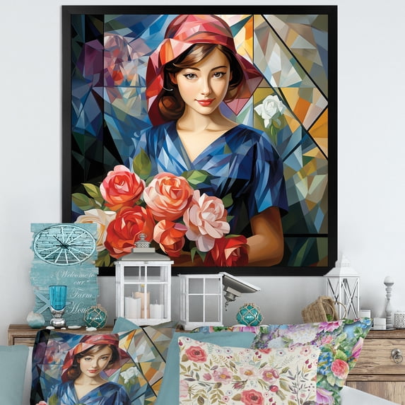Designart "Reimagined Colorful Mona Lisa" Fashion Framed Wall Art Decor - Glam Blue Classics Bedroom Framed Canvas Wall Art