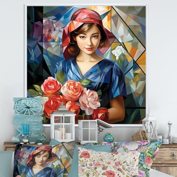 Designart "Reimagined Colorful Mona Lisa" Fashion Framed Wall Art - Modern Blue Classics Bedroom Framed Canvas Wall Art