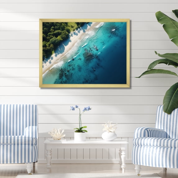 Designart "Relaxing Coastal Aerial View III" Coastal Framed Wall Art Decor - Coastal Green Coastal Beach Hallway Framed Wall Art Decor