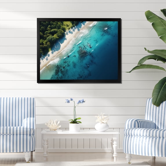 Designart "Relaxing Coastal Aerial View VI" Coastal Framed Wall Art Decor - Coastal Green Coastal Beach Bedroom Framed Canvas Wall Art