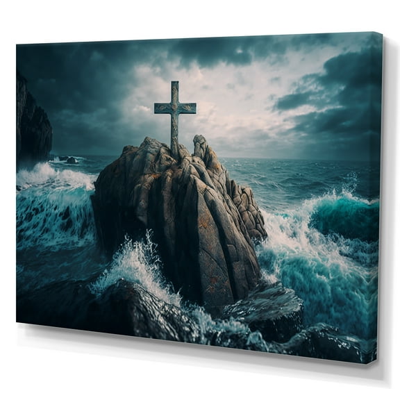 Designart Religious Cross In The Ocean Breaking Waves I Canvas Wall Art