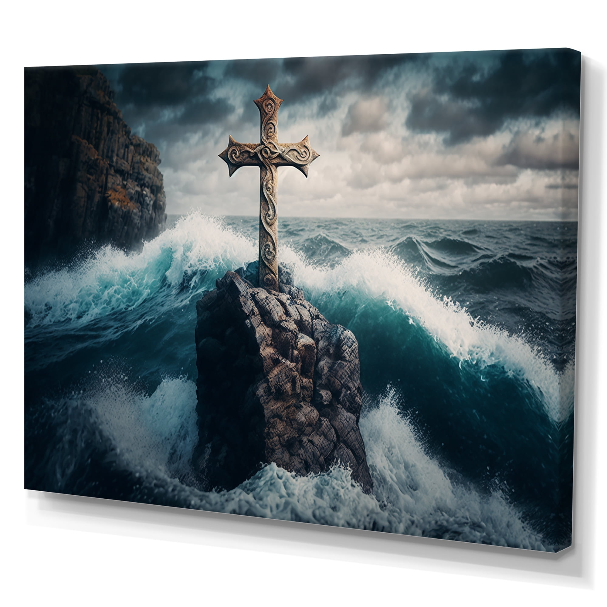 Designart Religious Cross In The Ocean Breaking Waves II Canvas Wall Art