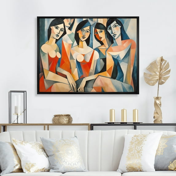 Designart "Remastered Les Demoiselles d'Avignon by Picasso I" Fashion Framed Wall Art - Glam Blue Woman Bedroom Framed Canvas Wall Art