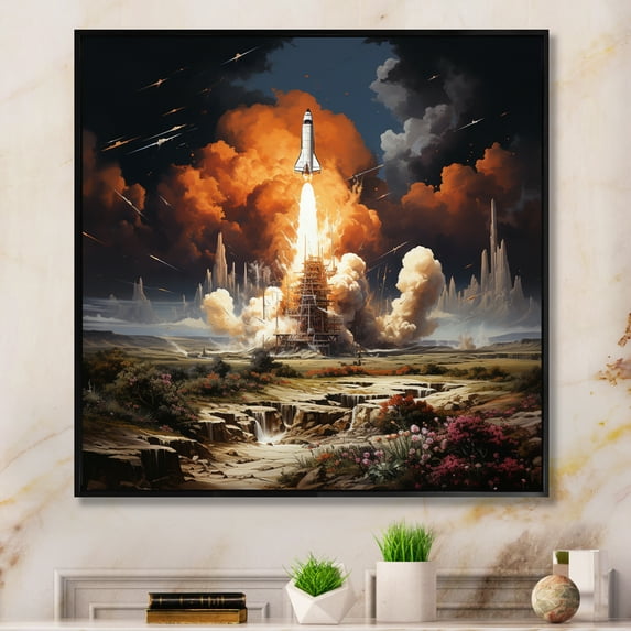 Designart "Remembering the Rocketship II" Transportation Floater Framed Wall Decor