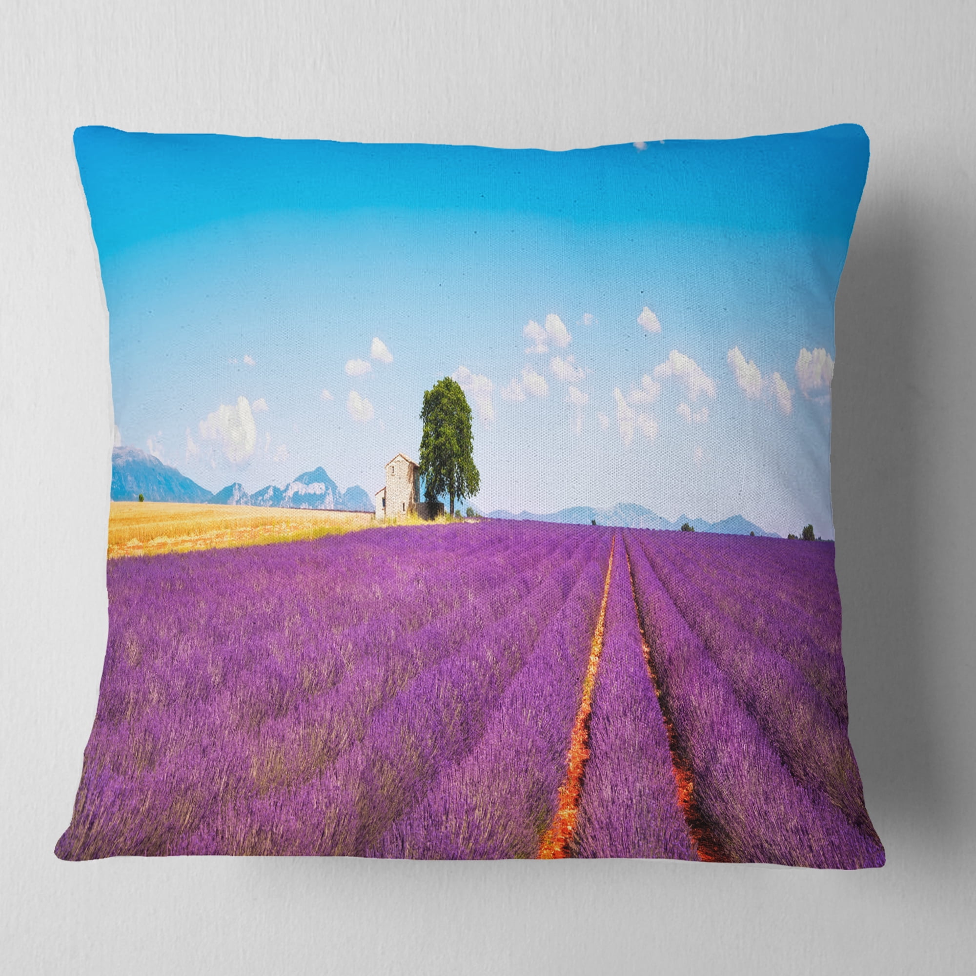 Designart Remote House and Tree in Lavender Field - Landscape Wall Throw Pillow - 18x18
