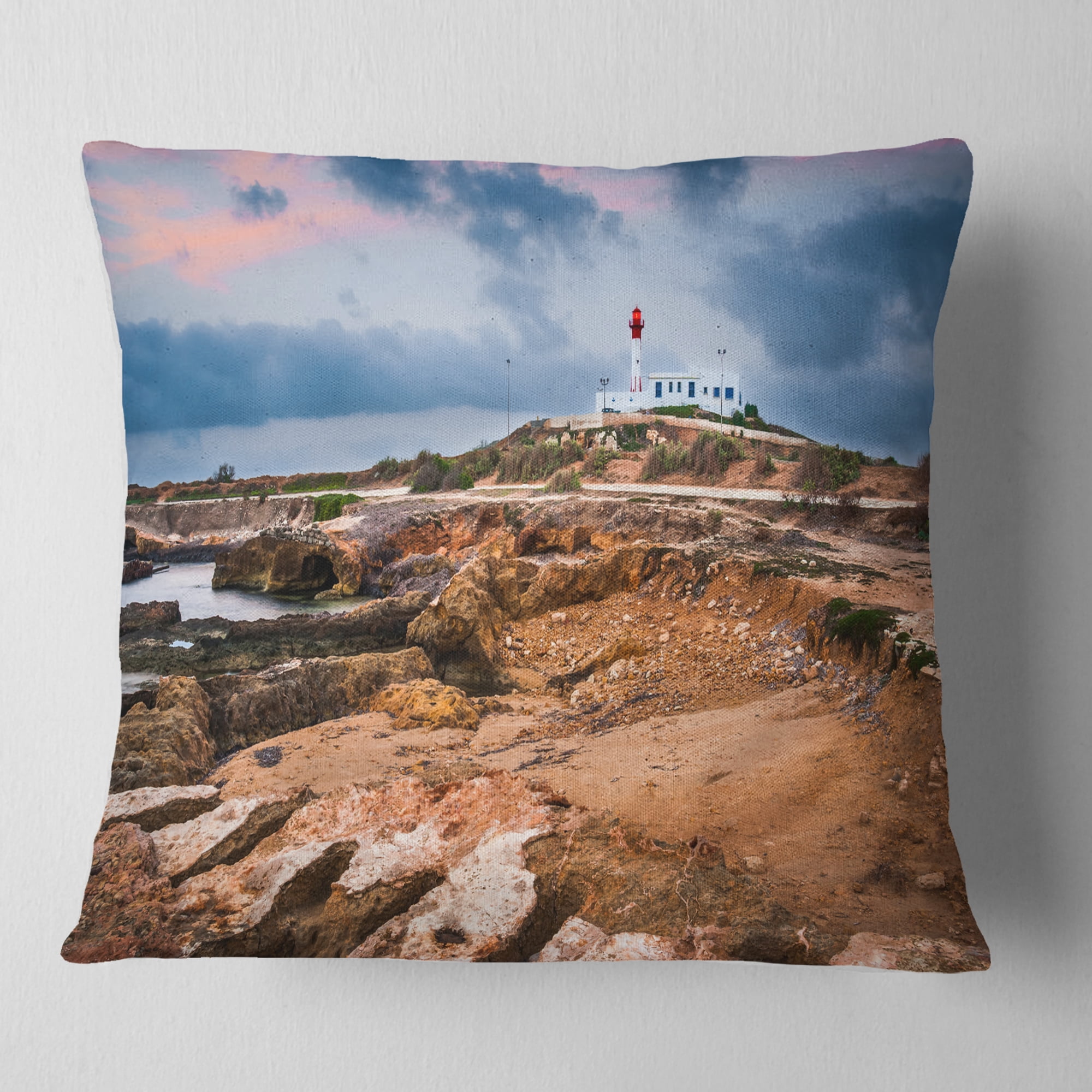 Designart Remote Lighthouse on the Rocks - Landscape Printed Throw Pillow - 16x16