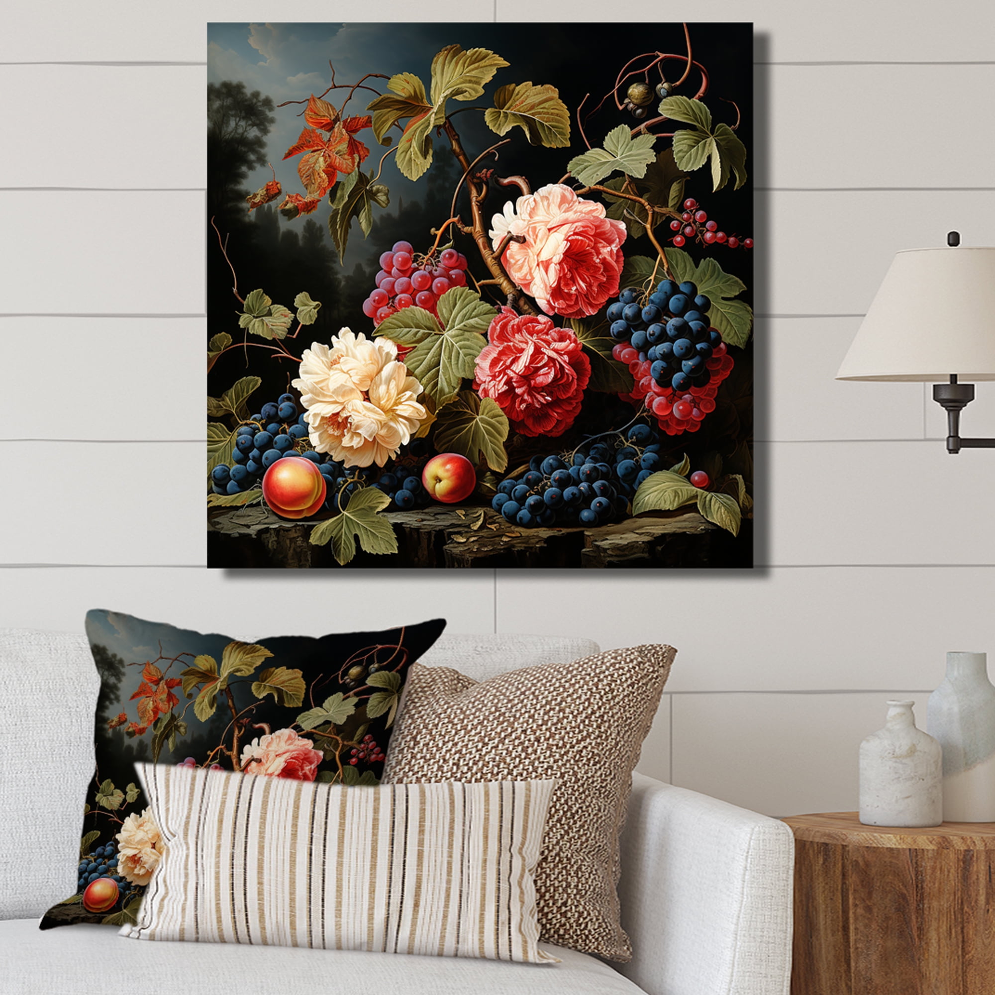 Renaissance Grapes and Peonies Canvas Art in Pink and Green