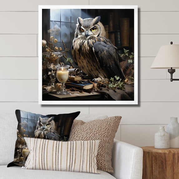 Designart "Renaissance Owl in Brown Thoughts III" Animals Framed Wall Art Decor - Modern Brown Owl Entryway Framed Wall Art Print
