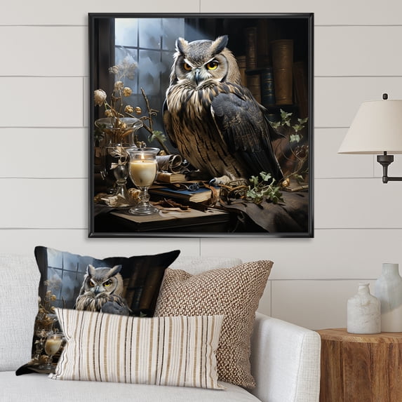 Designart "Renaissance Owl in Brown Thoughts III" Animals Framed Wall Art - Traditional Brown Owl Entryway Framed Wall Art Print